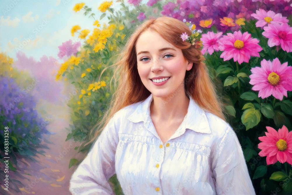 portrait of a beautiful girl posing against the background of nature with flowers and trees on a bright sunny day portrait of a beautiful girl posing against the background of nature with flowers and trees on a bright sunny day