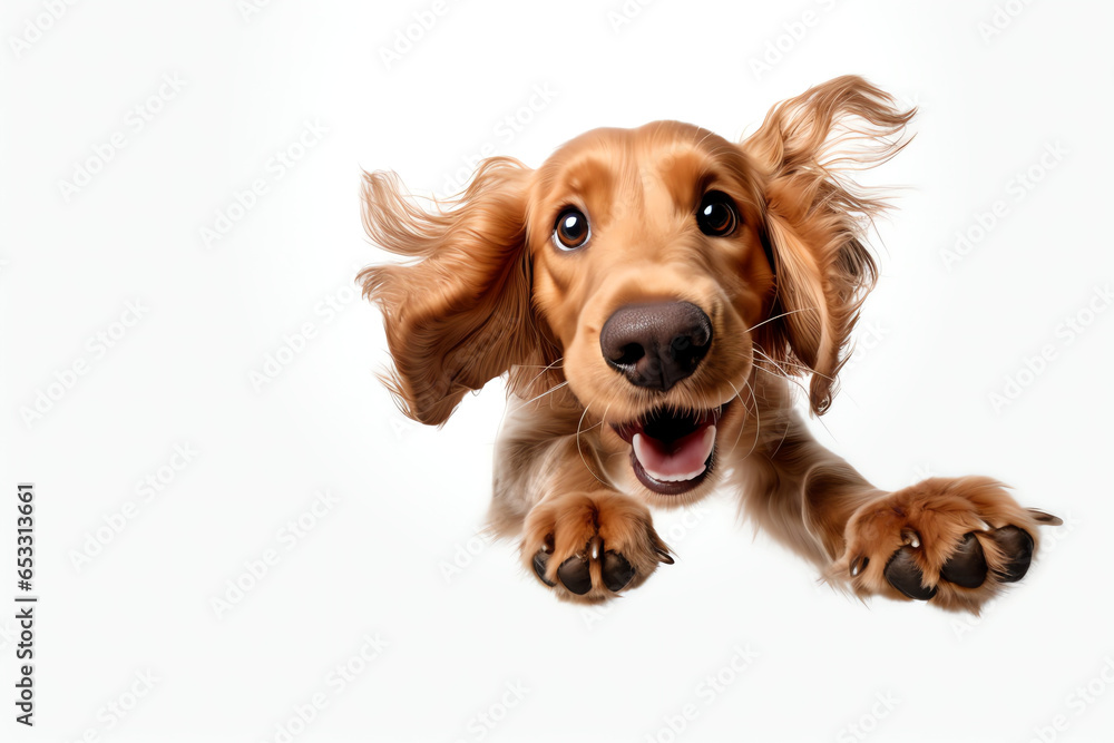 Excited young english cocker spaniel on white background