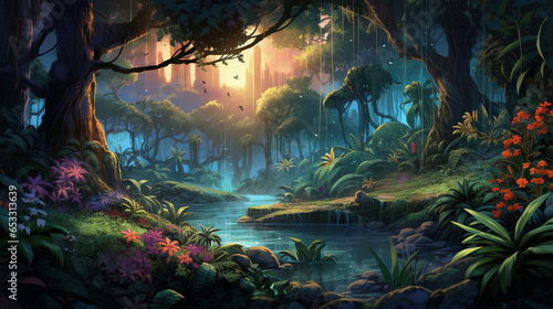 Fantasy and magical illustration of a tropical rainforest during the day. Cartoon style artwork. The atmosphere of the forest is foggy and mysterious. © Aisyaqilumar