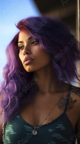 Portrait of Stunning Young Woman with Purple Hair Captured in Golden Hour and Natural Light, High-Quality Beauty Photography © The_AI_Revolution