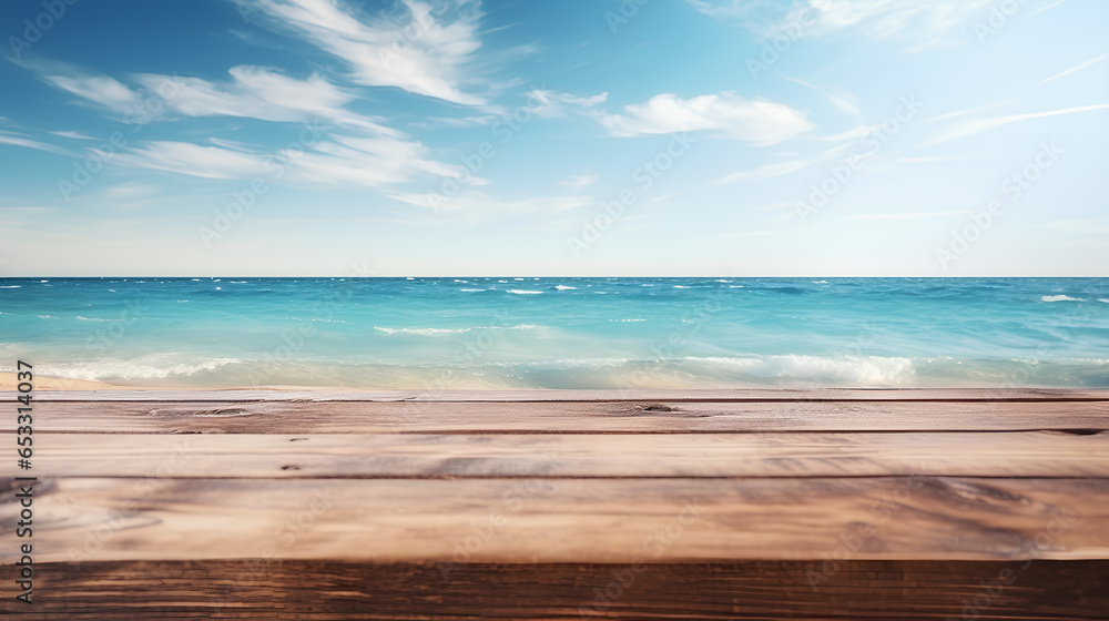 Empty wooden table top with blur background of the beach, use for display product.
Empty wooden table top with blur background of the beach, use for display product.