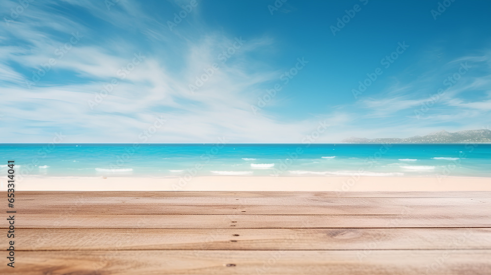 Empty wooden table top with blur background of the beach, use for display product.
