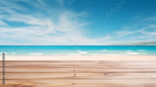 Empty wooden table top with blur background of the beach  use for display product. 