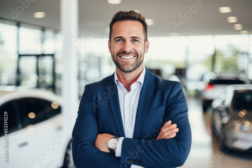 Portrait of confident smiling consultant in car salon. Car dealer in showroom