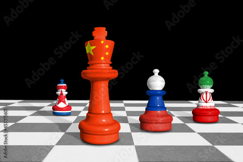 Chess made from flags of China, Russia, Iran and North Korea. Russia and China relations and military collaboration photo