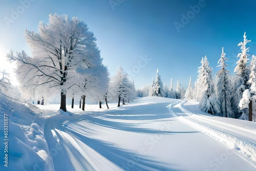 Beautiful winter landscape background. Path in the snowy forest. Snow-covered trees against the blue sky. The nature of Siberia. Freezing day. Suburb of Krasnoyarsk