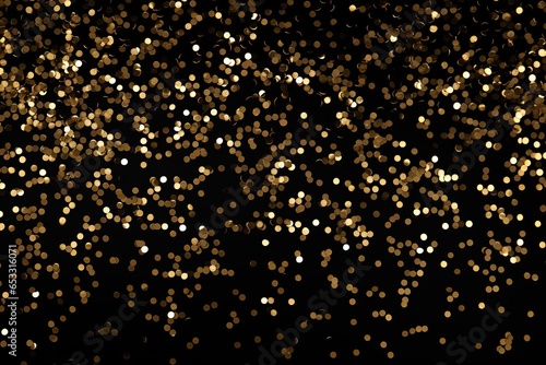 falling golden red green metallic glitter foil confetti on black background, gold holiday and festive Christmas background.
