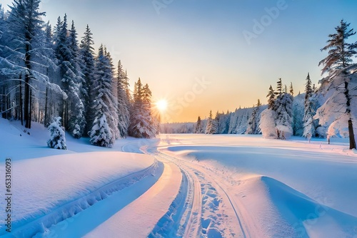 Beautiful winter landscape background. Path in the snowy forest. Snow-covered trees against the blue sky. The nature of Siberia. Freezing day. Suburb of Krasnoyarsk © Hammad