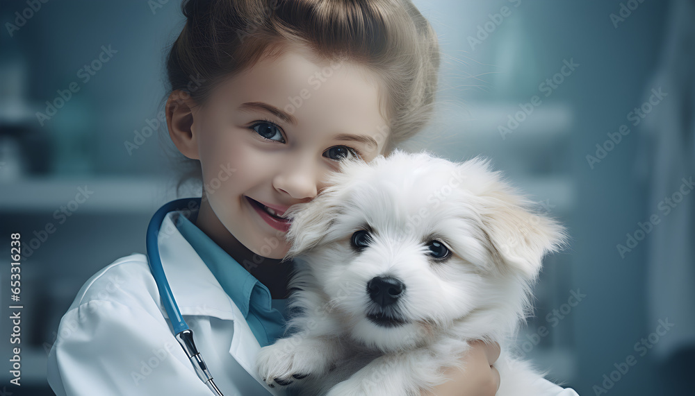 A happy little girl in a medical uniform is smiling and holding a cute white puppy. Veterinarian, doctor, nurse on the background of a bright hospital. Pet care concept. AI generated. A happy little girl in a medical uniform is smiling and holding a cute white puppy. Veterinarian, doctor, nurse on the background of a bright hospital. Pet care concept. AI generated.