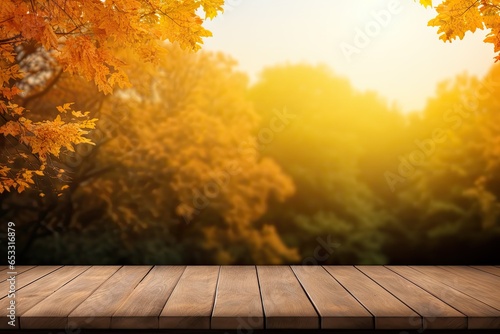 wooden table top with fall foliage background Generative AI