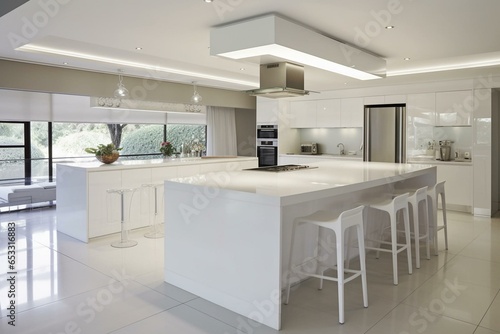 A contemporary roomy white kitchen. Generative AI