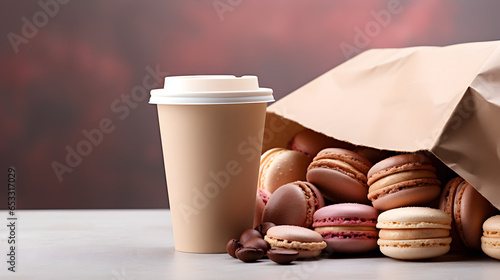 A cardboard cup for hot coffee with a sandwich with colorful macaroons in a cardboard bag on a light table. On dark pink background, close-up. Design for banners, cards, posters. AI generated photo