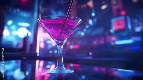 Alcoholic purple cocktail in a glass, on the background of a blurred bar in neon space colors. Close-up, design for banners, cards and posters. AI generated. 