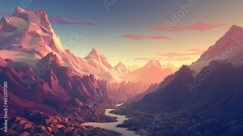 perspective voxel mountain landscape illustration terrain view, panorama digital, peak top perspective voxel mountain landscape