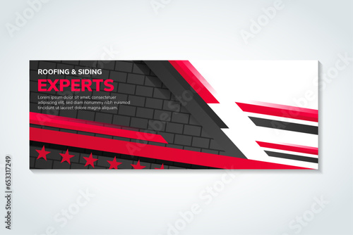 Horizontal Banner for roofing and siding experts for dream home, creative concept advertising, template for posting photos and text. white background. red and black element. brick arrangement pattern.