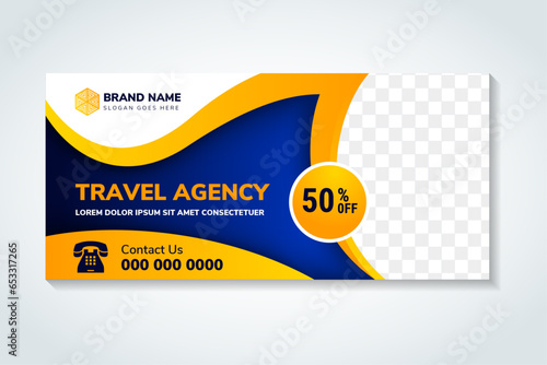 Travel tours agency banner template, horizontal advertising business layout template flat design set , clean abstract cover header blue background for website design. yellow gradient for element.