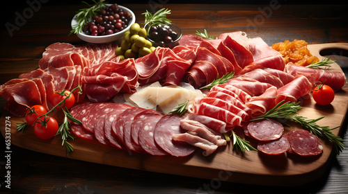 A variety of appetizers, meat products, appetizers displayed on a wooden cutting board. Prosciutto, salami, ham, cured meat. Flat lay, closeup. AI generated.