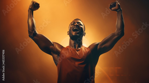 Portrait of a black man with raised arms celebrating victory