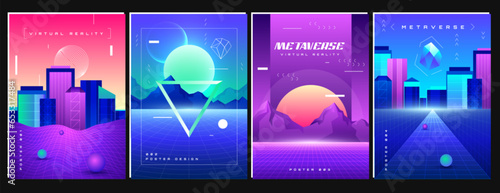 Retro futuristic space posters with synthwave background. Retrowave flyers with perspective grid, night cityscape and wireframe mountain landscape with night sky and sunset. Metaverse neon city.