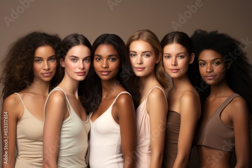 Beauty portrait of a diverse group of beautiful women posing together against a light grey studio background. 