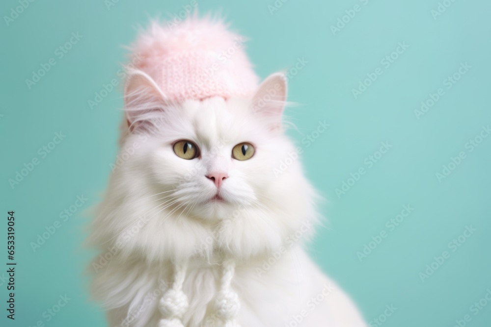 turkish angora cat wearing a snowman costume against a pastel or soft colors background turkish angora cat wearing a snowman costume against a pastel or soft colors background