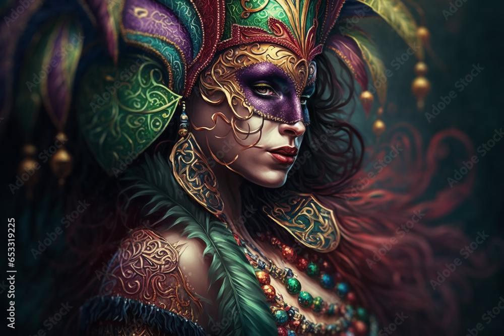 Woman wearing Mardi Gras mask - obrazy, fototapety, plakaty 