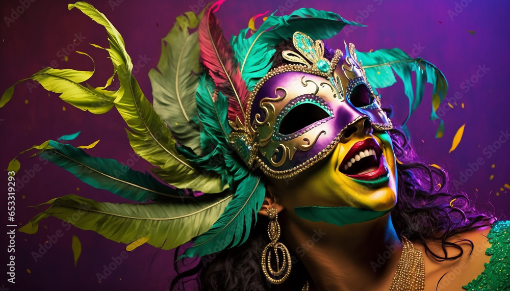 Woman wearing Mardi Gras mask