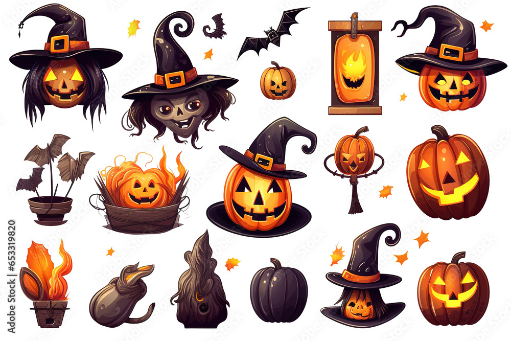 Big set of Halloween pumpkin, witches hat, jack o lantern isolated background Big set of Halloween pumpkin, witches hat, jack o lantern isolated background