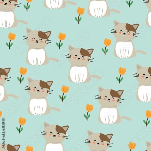 cat and flower pattern on light blue background seamless for fabric prints  textiles  gift wrapping paper. colorful vector for children  flat style