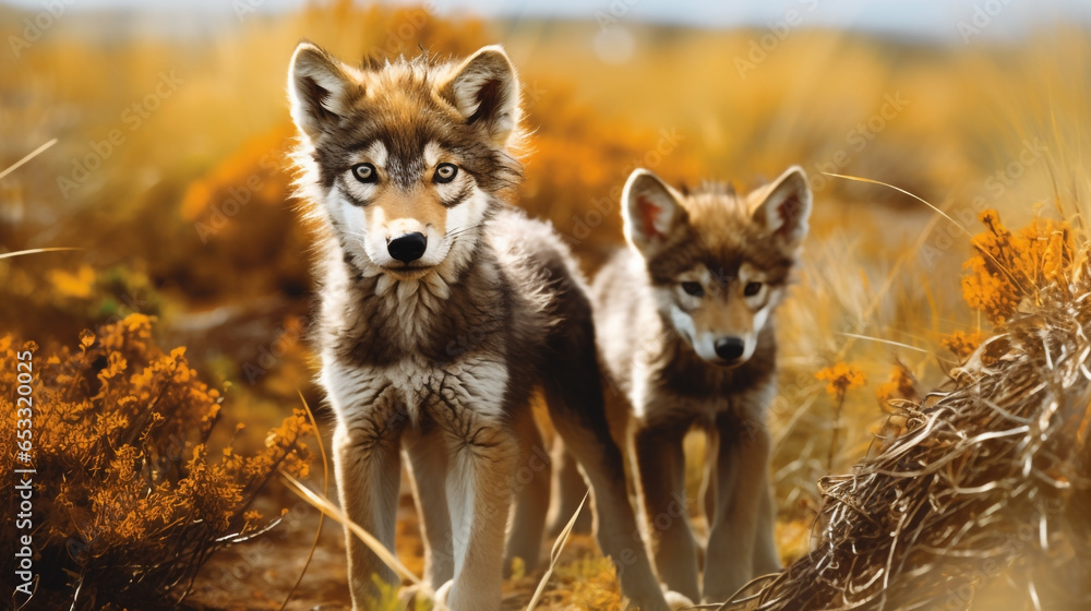 Two Young Wolf Pups (Canis lupus) Gazing at the Camera from a Field - Symbolizing Innocence & Natural Curiosity. Generative AI.