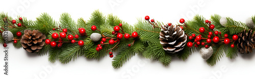 Christmas garland of evergreen tree pine and holly berries and cones on isolated white background
