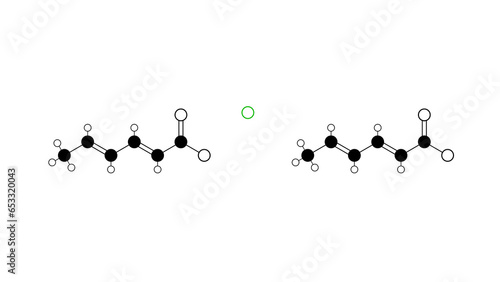 calcium sorbate molecule, structural chemical formula, ball-and-stick model, isolated image food additive e203