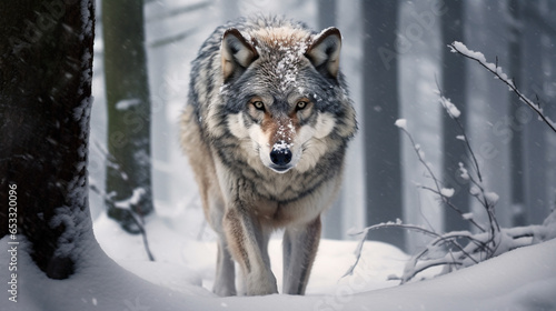 Majestic Lone Grey Wolf (Canis lupus) Roaming Freely in the Dense Snowy Wilderness - Symbolizing Solitude & Untamed Nature. Generative AI.