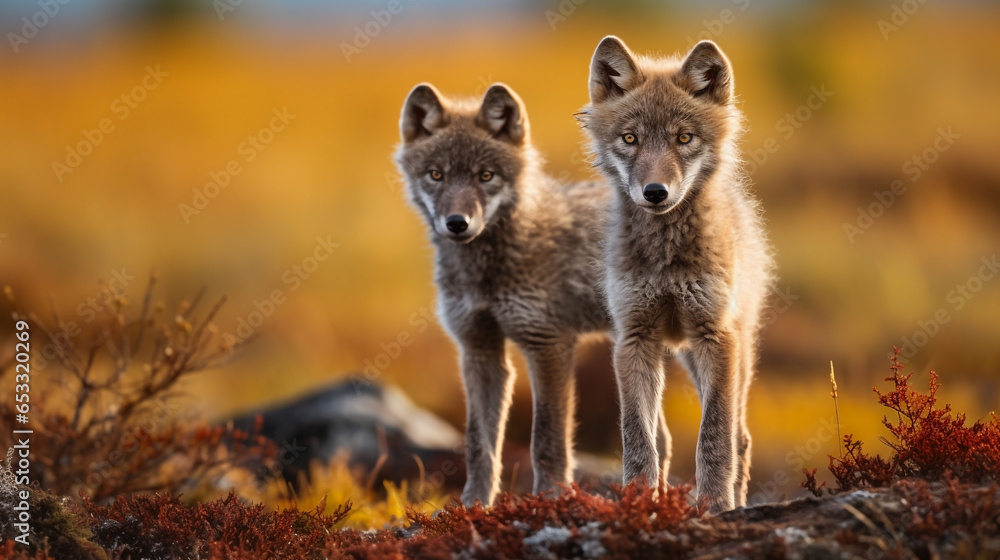 Obraz premium Wolf Pups Captured in Their Natural Habitat, Gazing with Innocence & Intrigue - North American Wildlife. Generative AI.