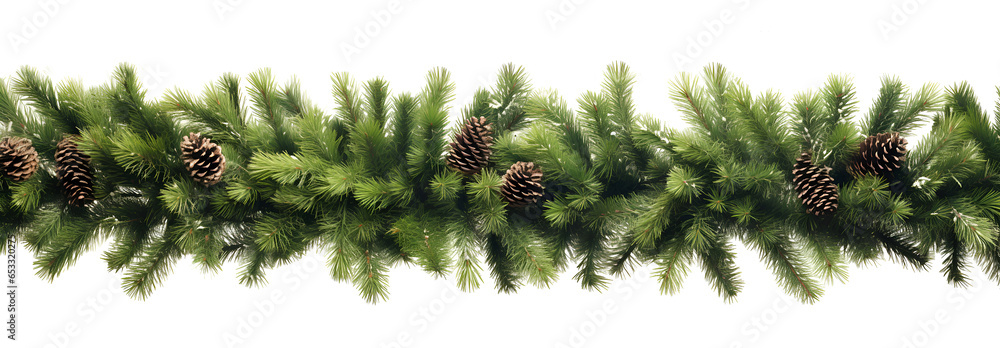 Christmas garland of evergreen tree pine and  holly berries and cones on isolated white background - obrazy, fototapety, plakaty 