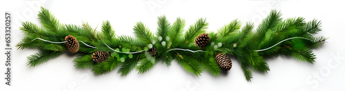 Christmas garland of evergreen tree pine and holly berries and cones on isolated white background