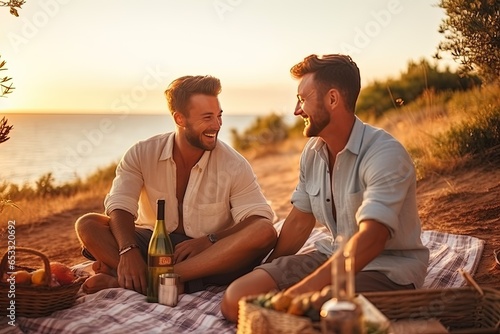 Date. Gay male couple on the beach during sunset. They have fun chatting, getting to know each other and drinking wine. The beginning of a gay couple's relationship. photo