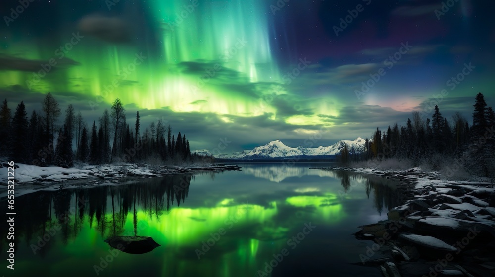 A beautiful winter landscape photography with aurora polaris