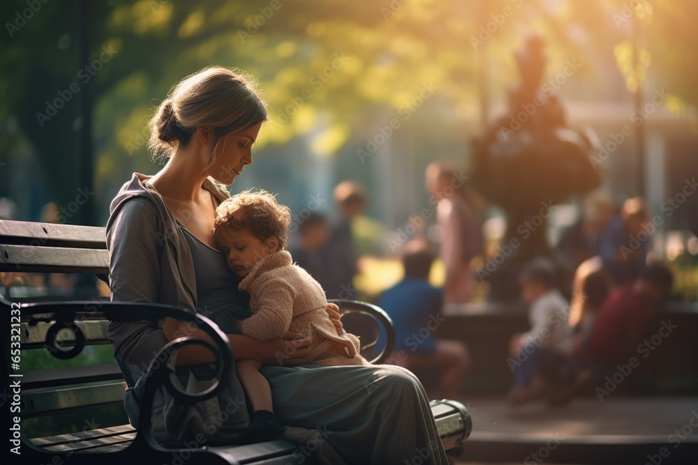 Mother and her baby are sitting on a park bench - obrazy, fototapety, plakaty 