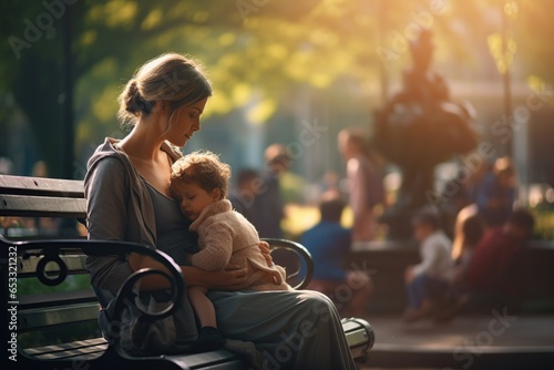 Fotografia Mother and her baby are sitting on a park bench