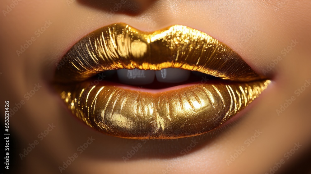 Photo of a woman's lips adorned in shimmering gold lipstick created with Generative AI technology Photo of a woman's lips adorned in shimmering gold lipstick created with Generative AI technology