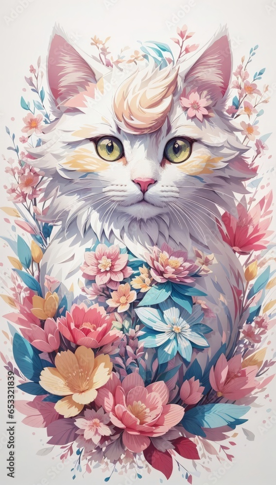 Fototapeta A Detailed Illustration Of A Colourful Cat, Fantasy Flowers Splash, Vintage T-shirt Design, Light White And Pink Pastel Tetradic Colors,  Fantasy Art, Watercolor Effect, Bokeh, Digital Painting.