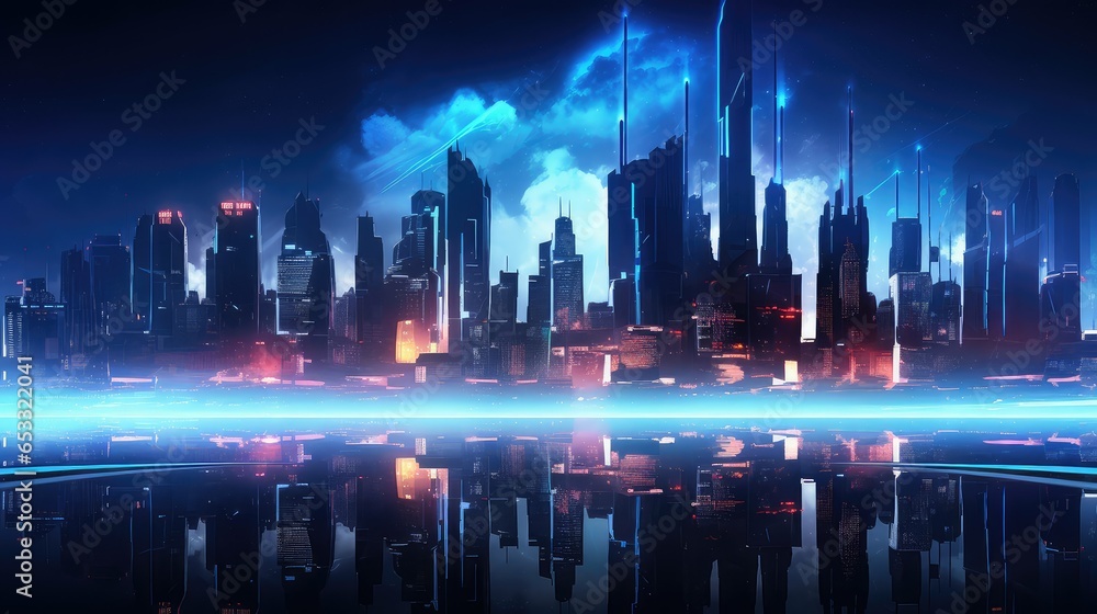 light futuristic night city illustration scape digital, building future, street urban light futuristic night city