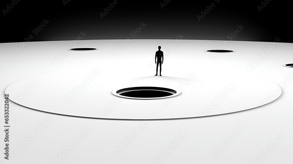 Person allein vor schwarzem Loch - obrazy, fototapety, plakaty 