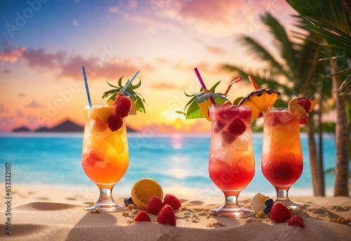 Summer cocktails on luxury tropical beach resort at sunset. Exotic summer drinks cocktails. Youth and summer vacation concept