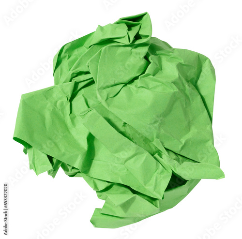 Green crumpled ball of paper on a white isolated background