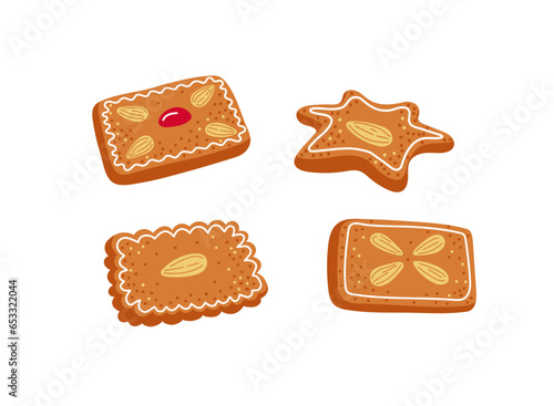 Set of gingerbread cookies in diffent form on white background.Christmas bicuits