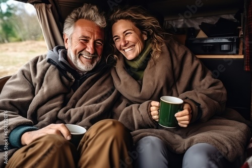 Mature couple in love in a motorhome. They chat and drink morning coffee. Traveling as a couple is an excuse to escape from the hustle and bustle of the big city and be alone.