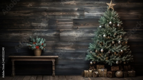 Rustic decorated Christmas tree near wooden wall web banner. Vintage natural decor christmas tree on wooden background with copy space