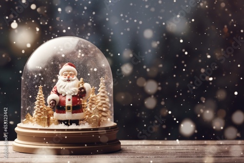 Santa Claus model in Snow Globe. Bokeh falling snow background.